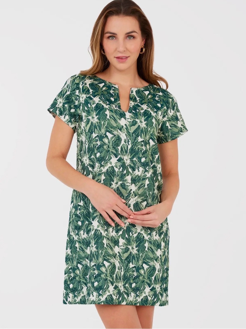 Abbey Glass lulu hibiscus jacquard Green Leaf-Print Short Sleeve shift Dress NWT